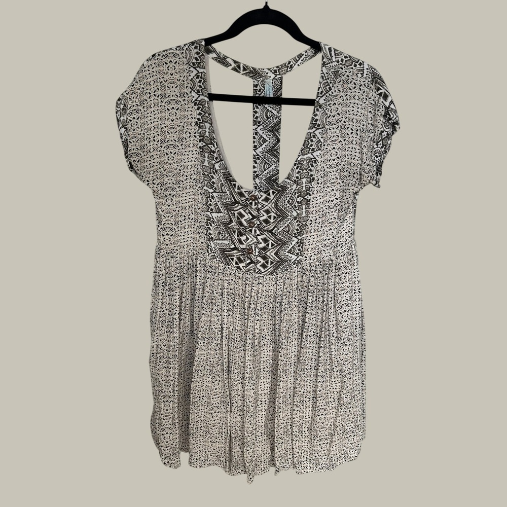 Free People Dress Womens S Cream Brown Mini Babydoll Geometric Summer Boho-Chic